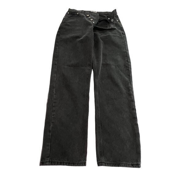 Princess Polly Holly Asymmetric Straight Leg Jeans in Black Denim - Picture 1 of 7